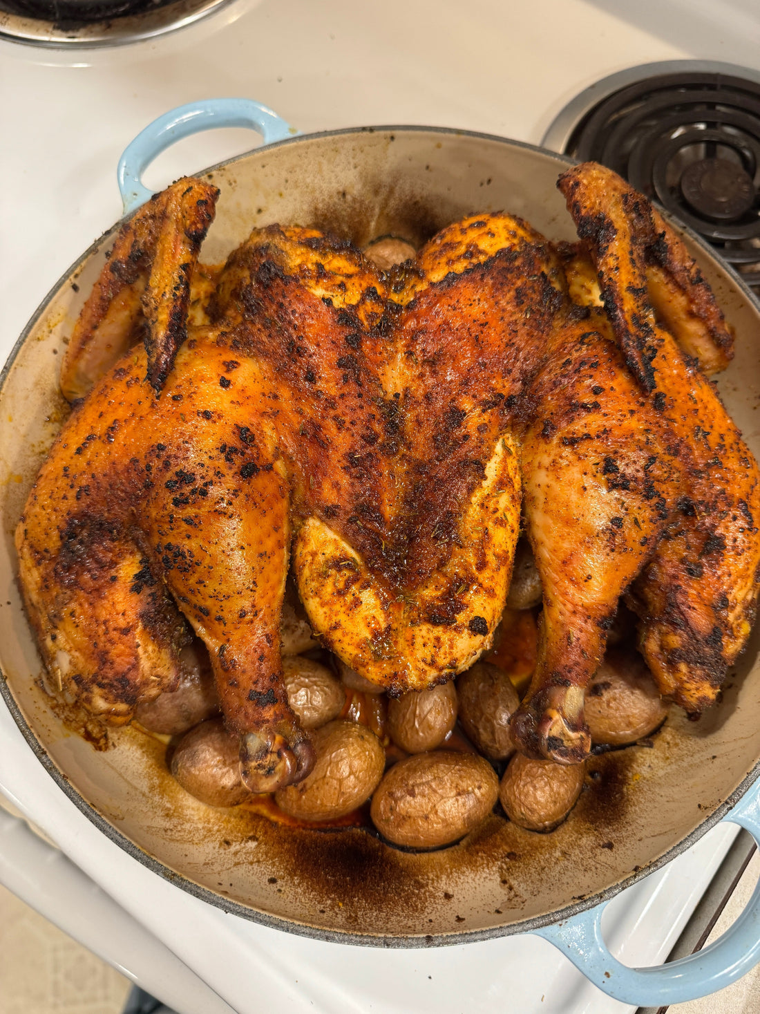Spatchcocked Smoked Paprika Chicken and  Baby Potatoes